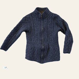 Merino Aran Cable Knit Zip Cardigan Swtr Navy Womens Small Irish Shrunk Fits XS